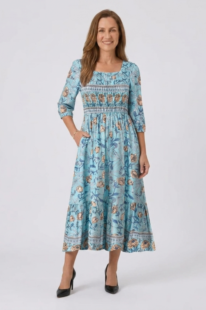 Floral Print Square Neck 3/4 Sleeve Shirred Bodice Midi Dress