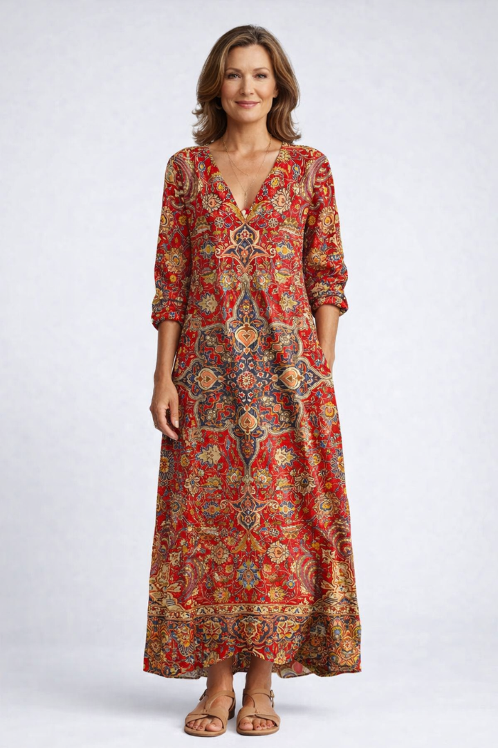 Paisley Print V-Neck Long Sleeve Pocket Maxi Dress