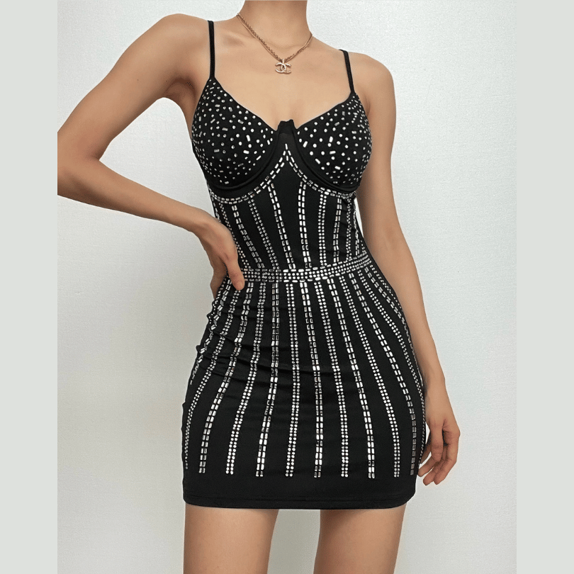 Rhinestone Studded Underwire Cup Spaghetti Strap Bodycon Mini Dress