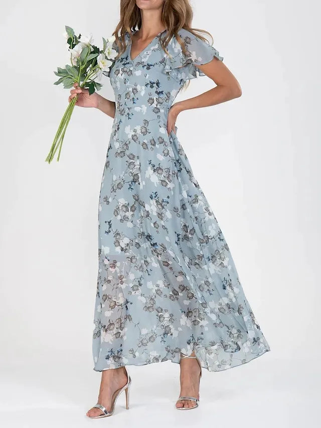 Floral Print V-Neck Flutter Sleeve A-Line Maxi Dress
