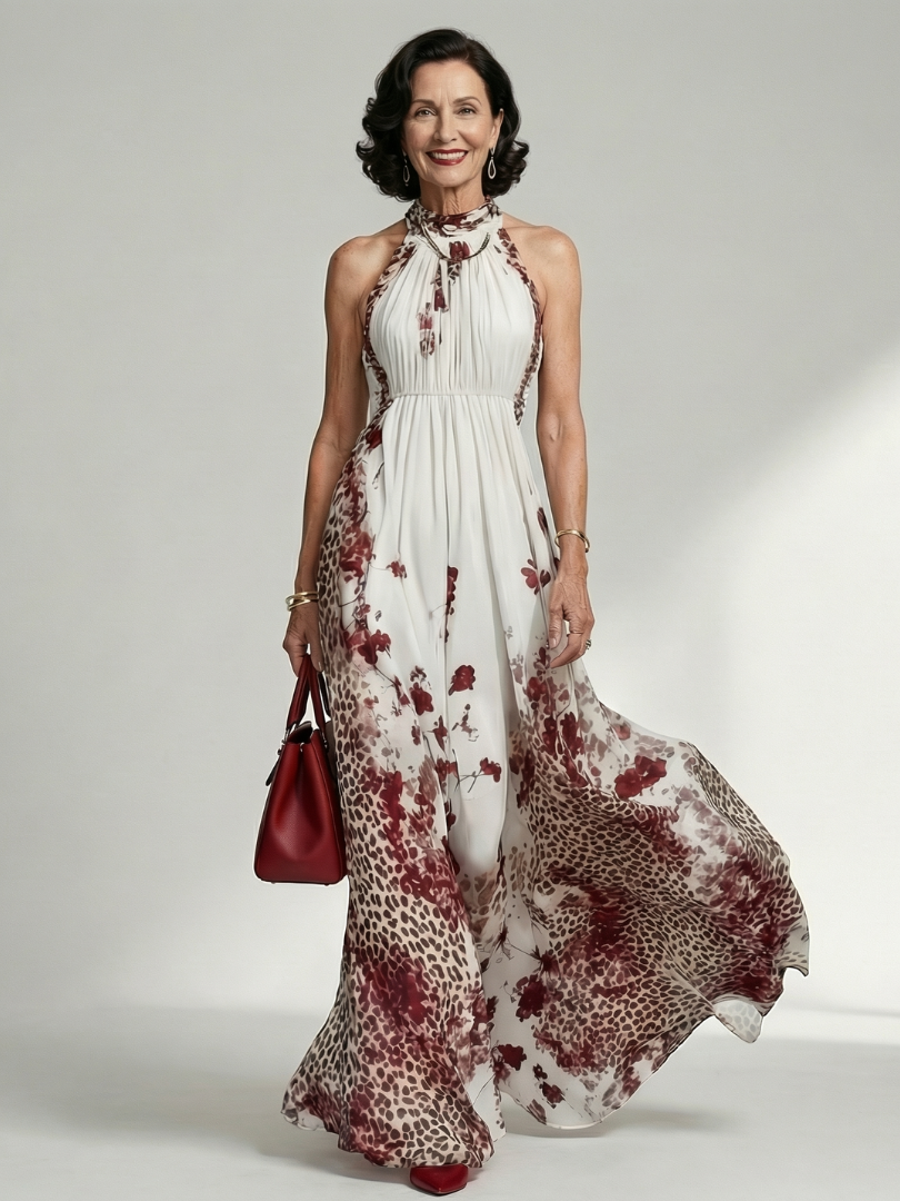 Halter Neck Floral Leopard Print Pleated Maxi Dress