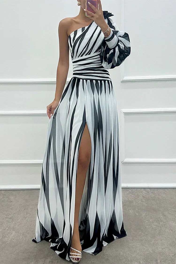 Indigo | Elegant Striped One Shoulder Maxi Dress White