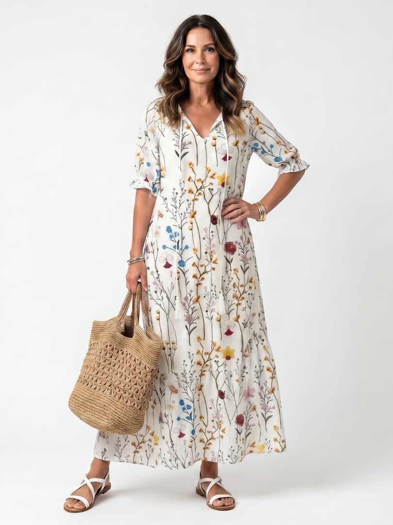 Floral Print V-Neck Puff Sleeve Tie Neck Tiered Maxi Dress