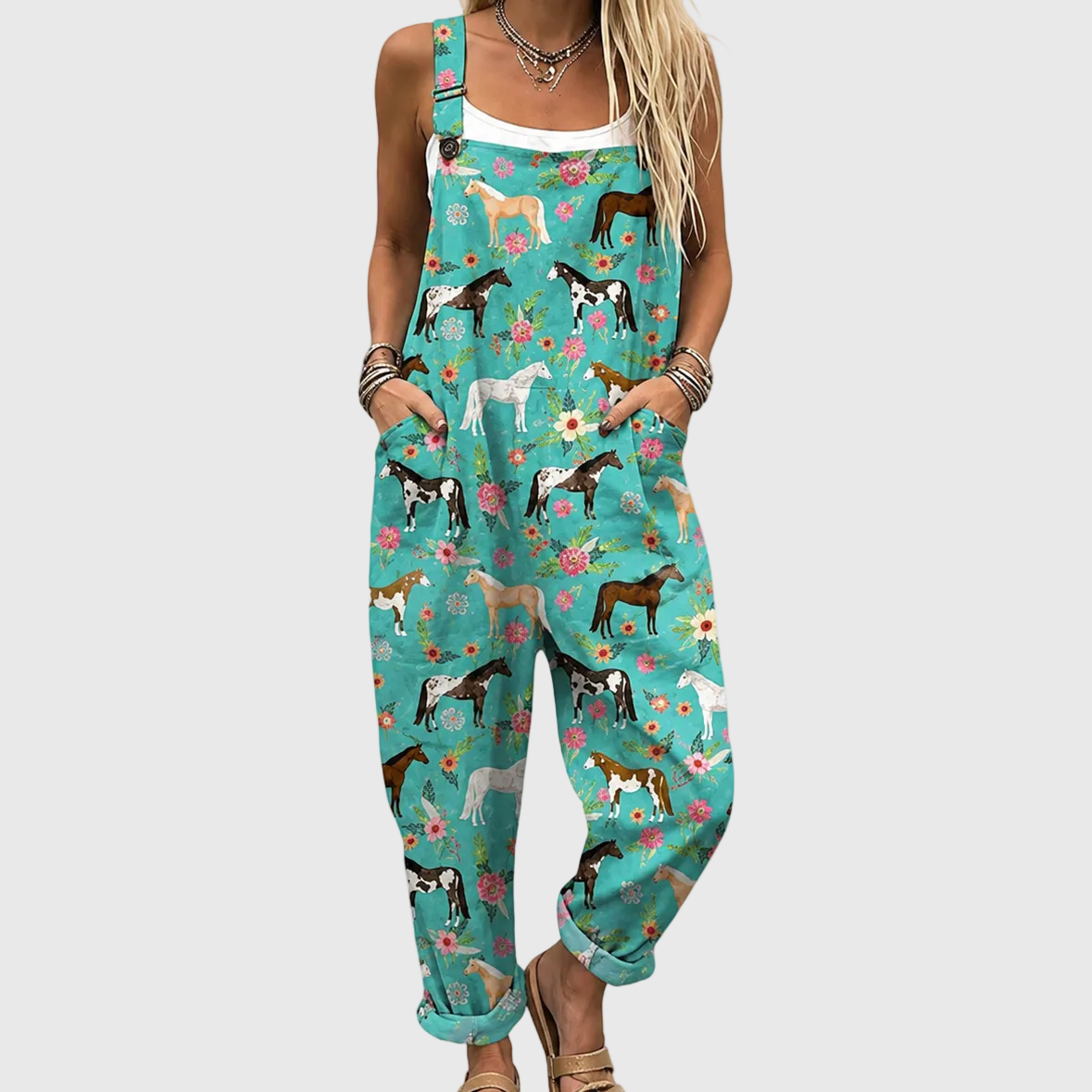 Horse Floral Print Bib Pocket Wide Leg Dungaree Jumpsuit