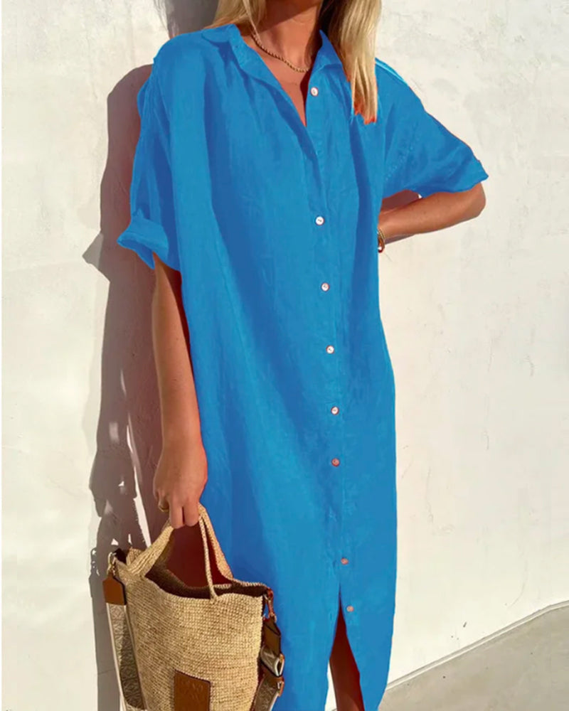 Collared Short Sleeve Button Front Oversized Relaxed Midi Dress