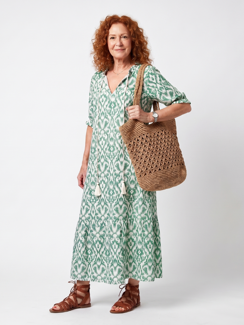 Ikat Print V-Neck Tassel Tie Tiered Midi Dress