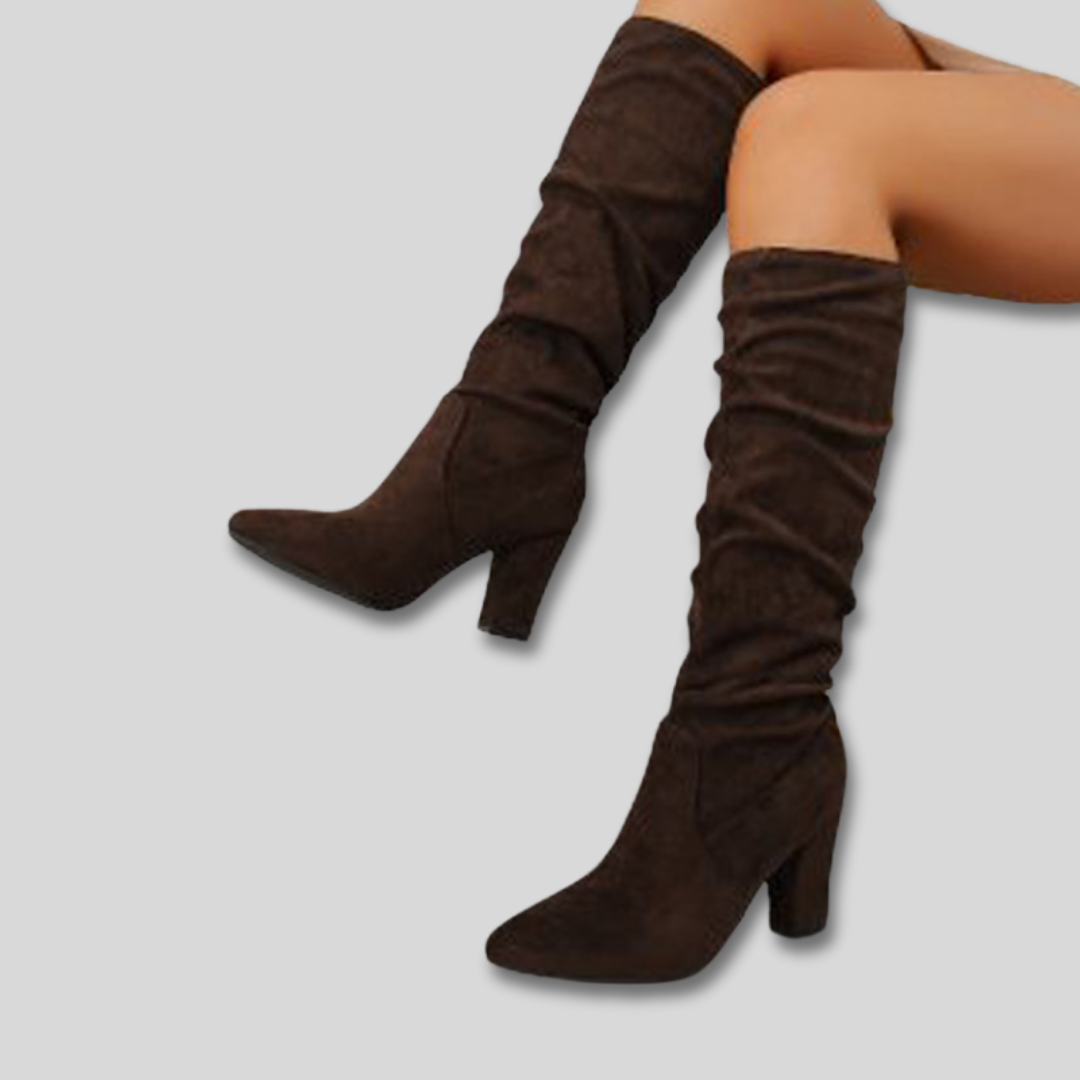 Pointed Toe Suede Look Slouch Block Heel Knee High Boots