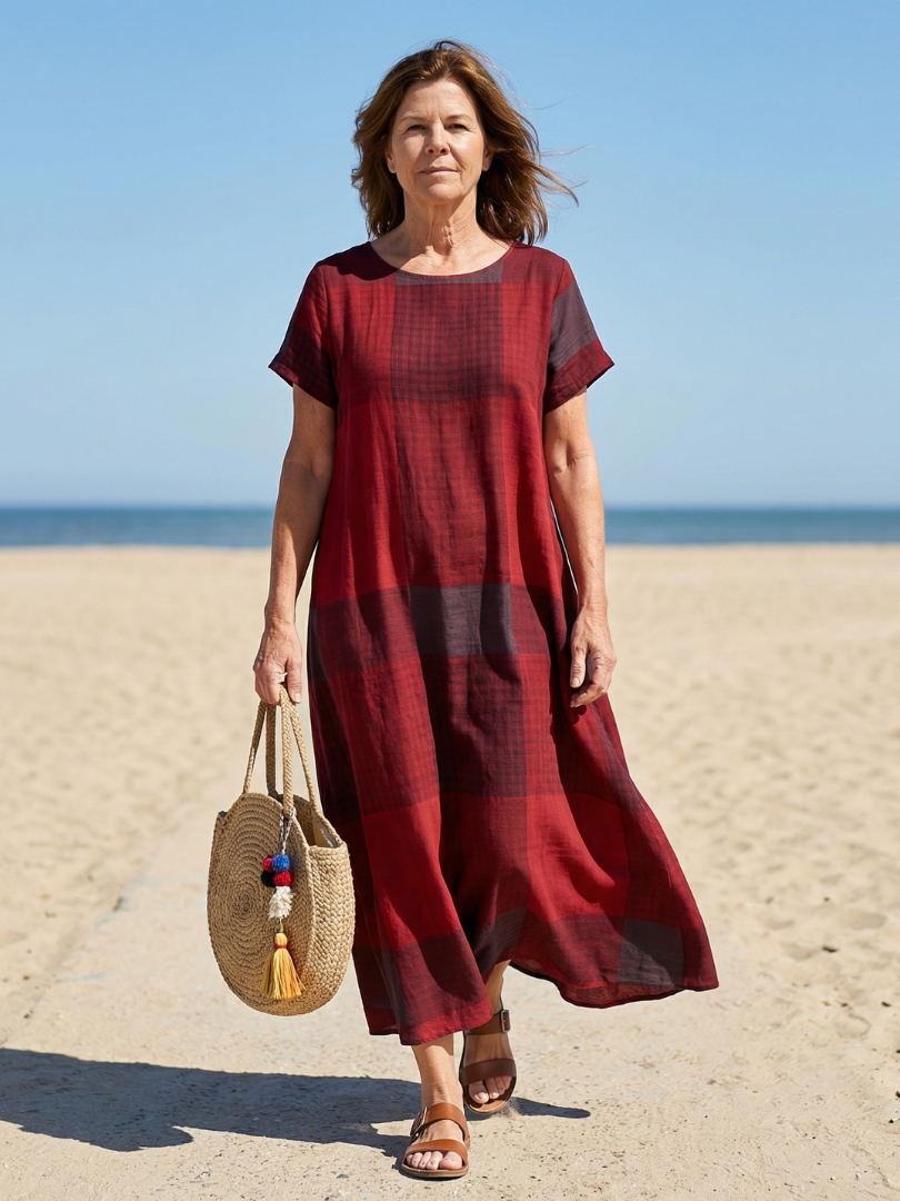 Round Neck Short Sleeve Plaid Maxi Dress