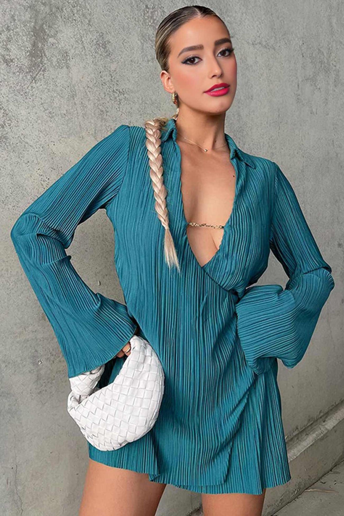 Plisse Pleated Lapel Collar Deep V-Neck Long Sleeve Wrap Mini Dress 10