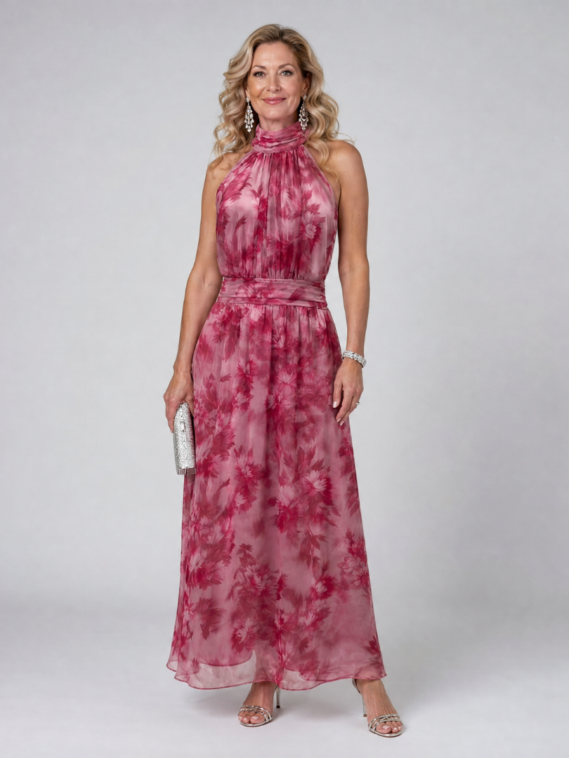 Floral Print Halter Neck Chiffon Maxi Dress