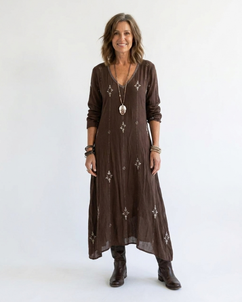 Embroidered V-Neck Long Sleeve A-Line Maxi Dress