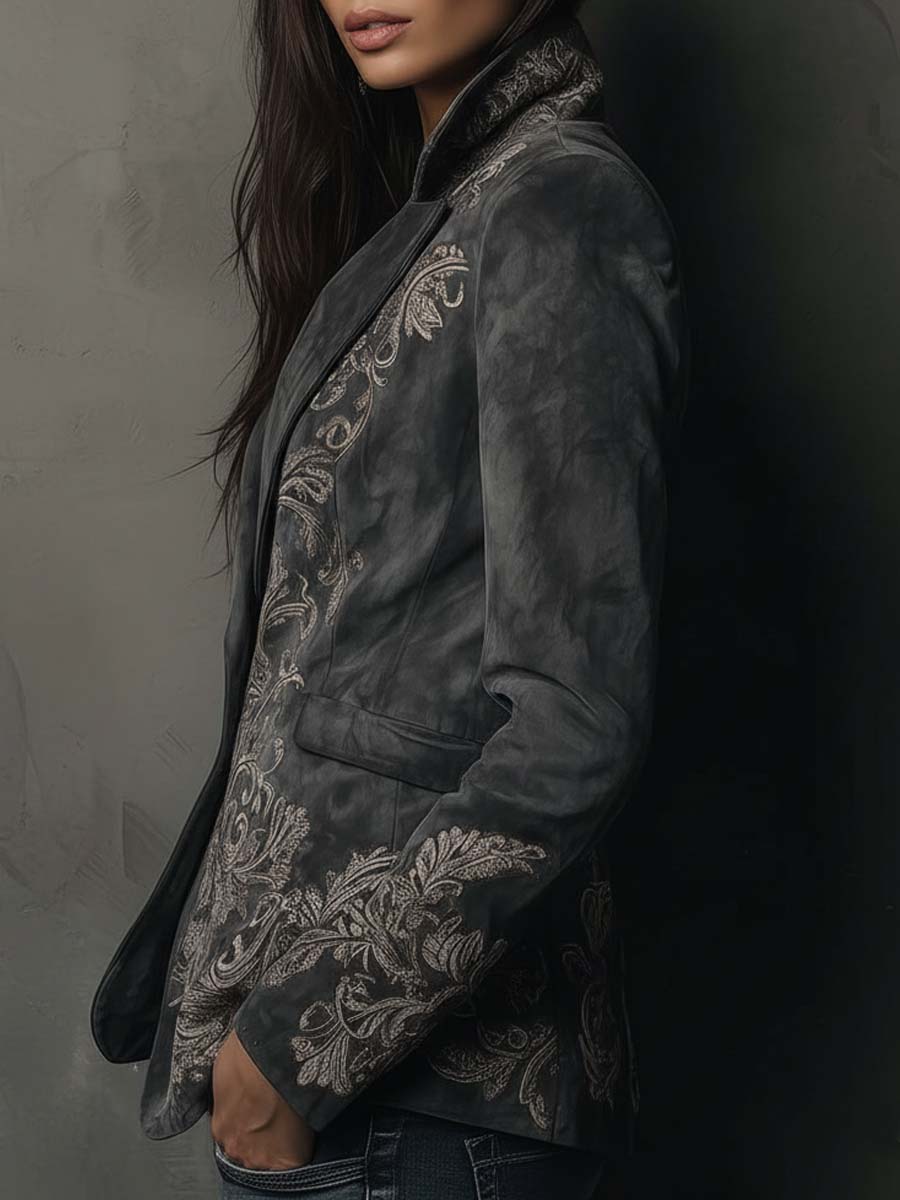 Floral Embossed Suede Look Single Button Blazer