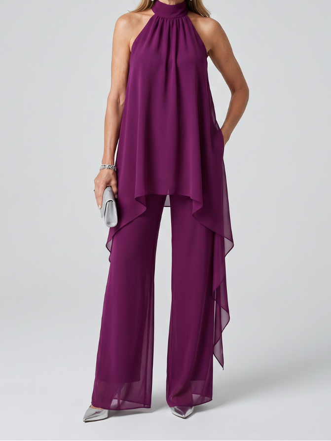 Halter Neck Chiffon Overlay Top and Wide Leg Pants Two Piece Set