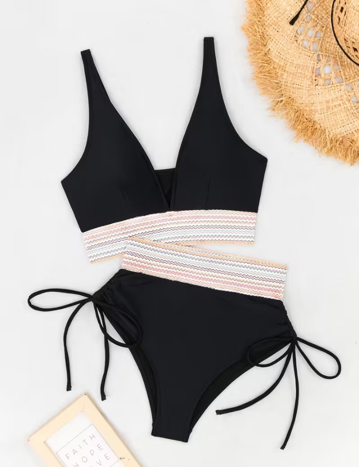 Triangle Top Ruched Chevron Trim High Waist Bikini Set