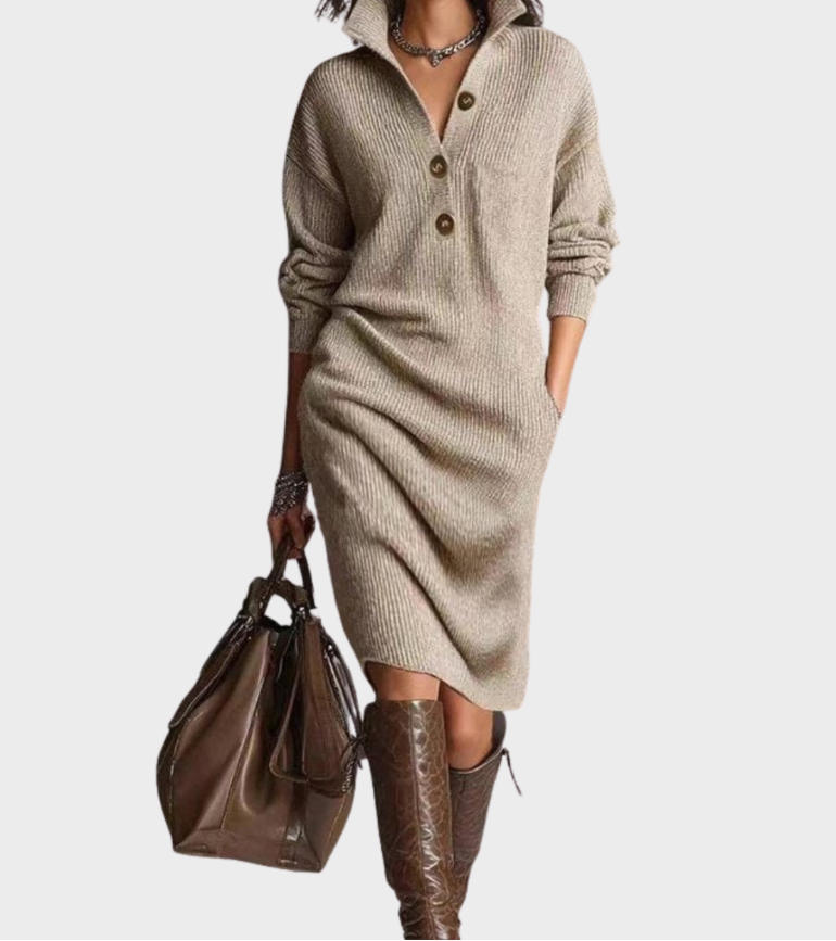 Ribbed Knit Collared Button Neck Sweater Dress