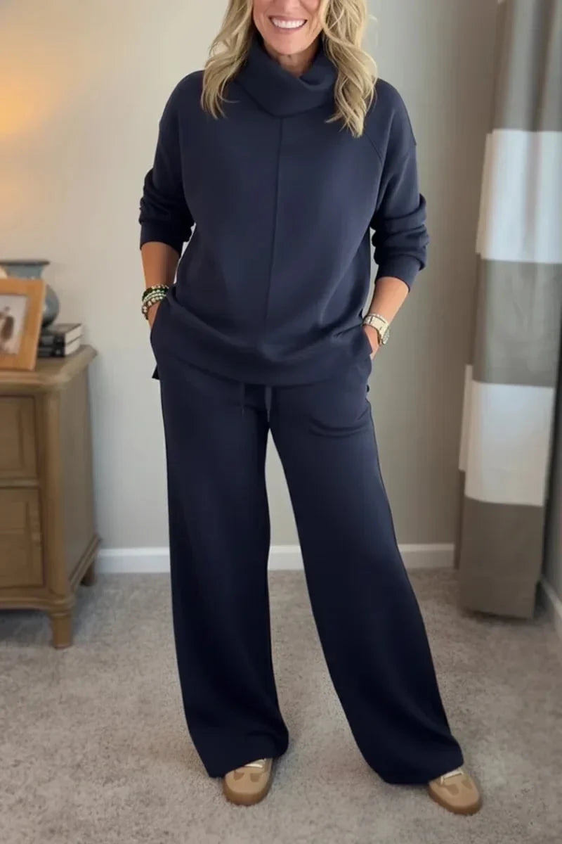 Cowl Neck Long Sleeve Top and Wide Leg Pants Two Piece Set