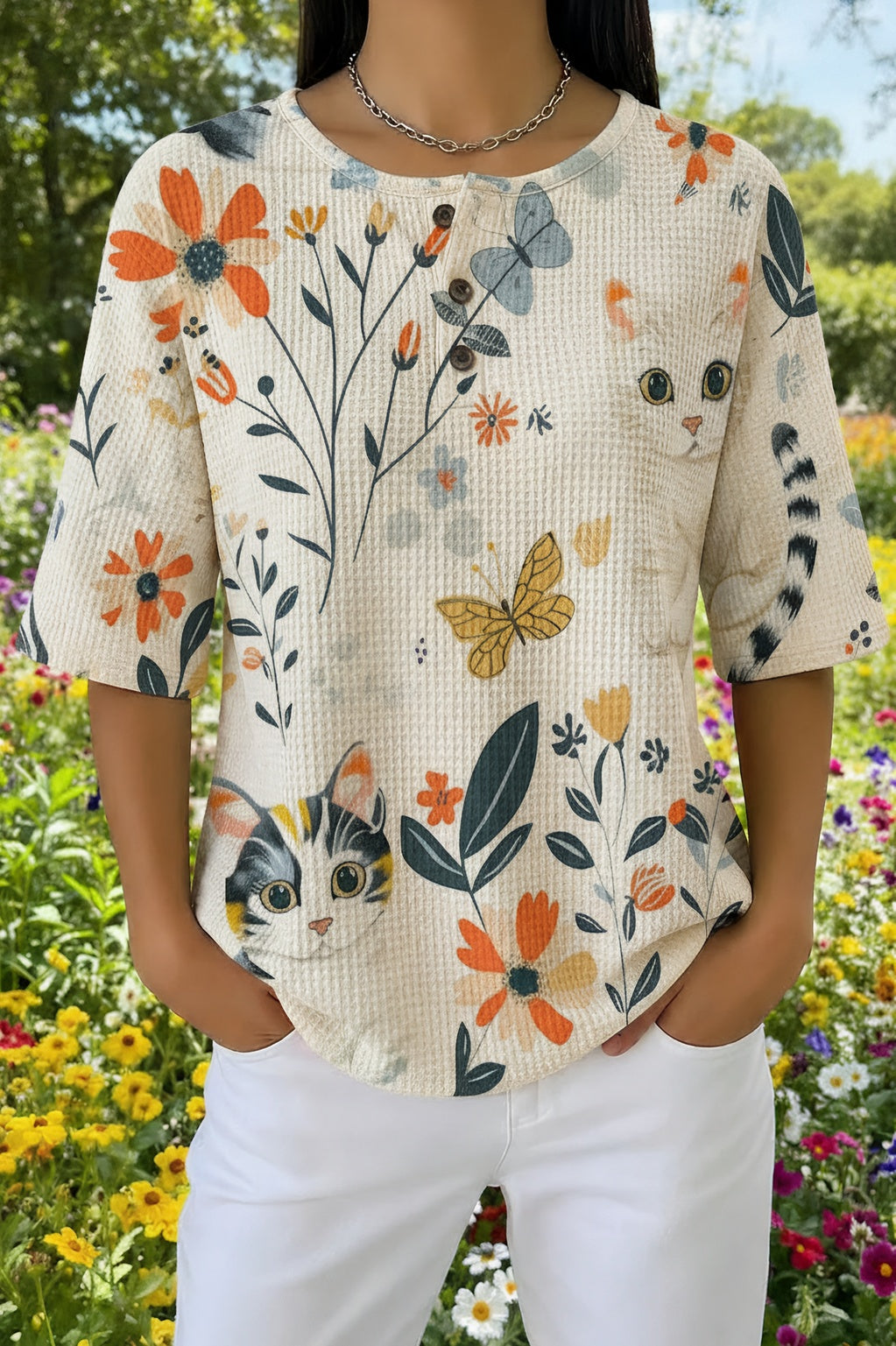 Womens Cream Floral Butterfly Cat Print Casual Shirt