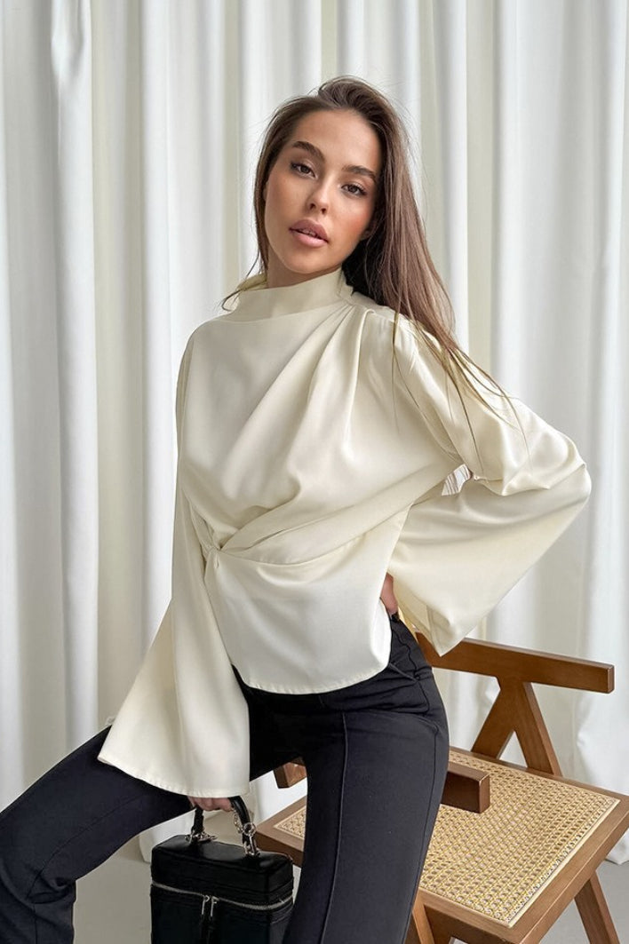 Mock Neck Draped Twist Waist Wide Flare Sleeve Satin Blouse 3