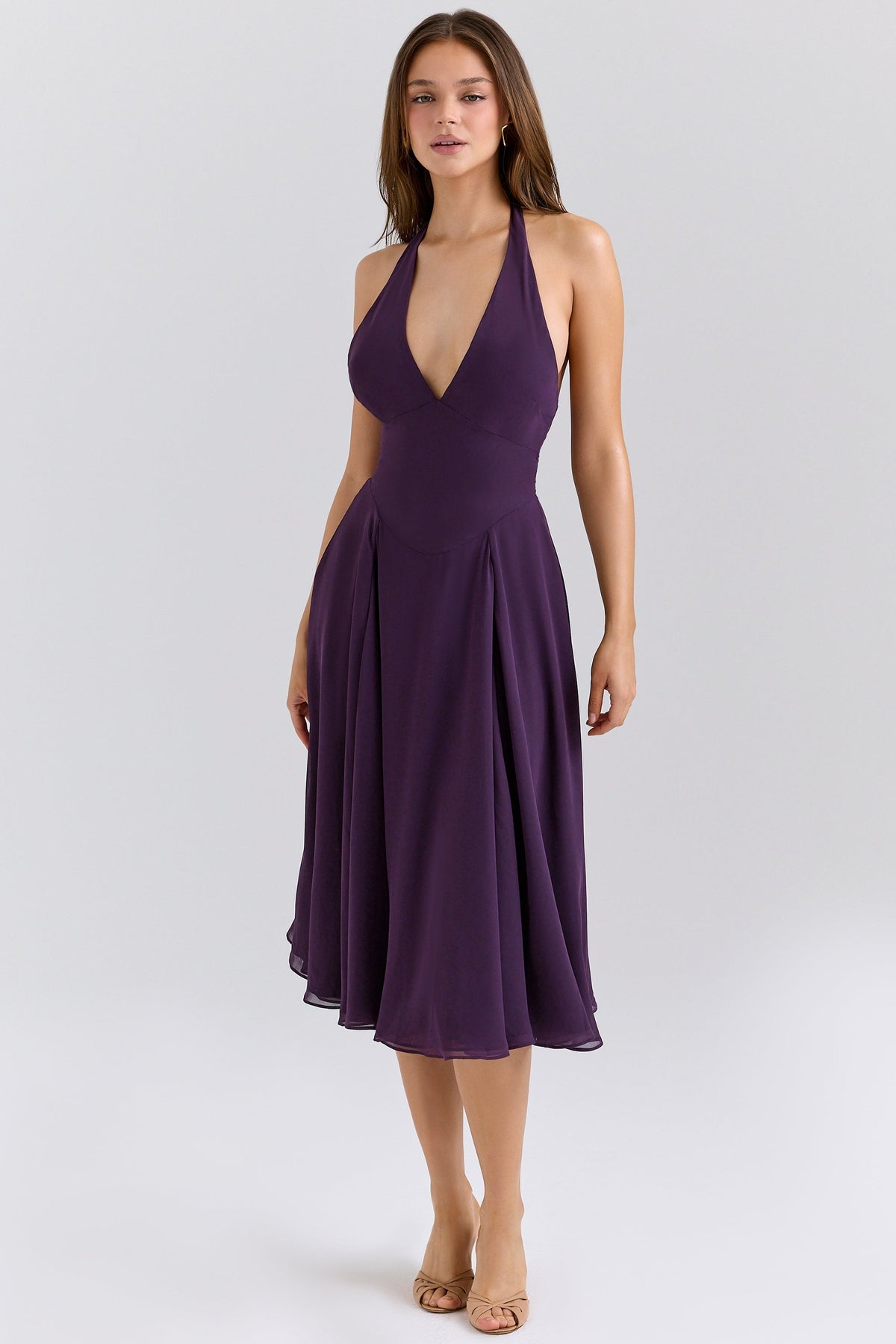 Georgette Halter Plunge Fit and Flare Midi Dress