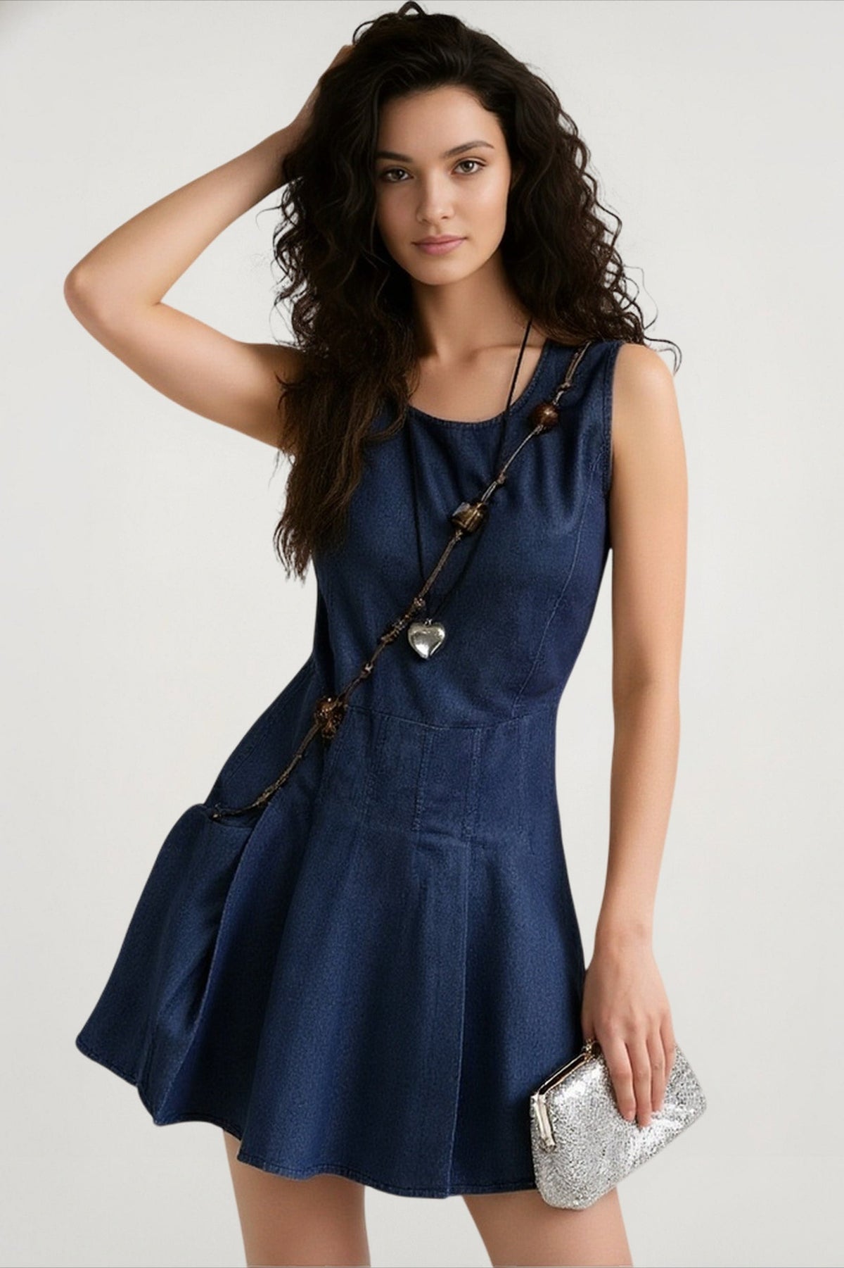 Denim-Look Round Neck Sleeveless Drop Waist Pleated Mini Dress 3