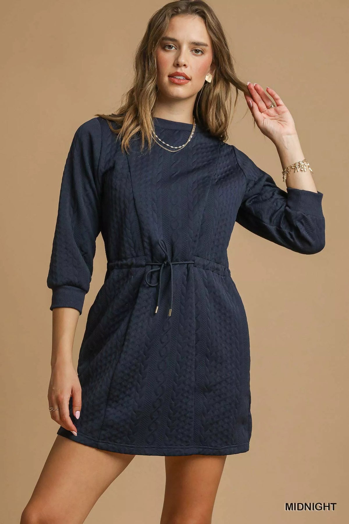 Cable Knit Crew Neck Long Sleeve Drawstring Waist Mini Dress