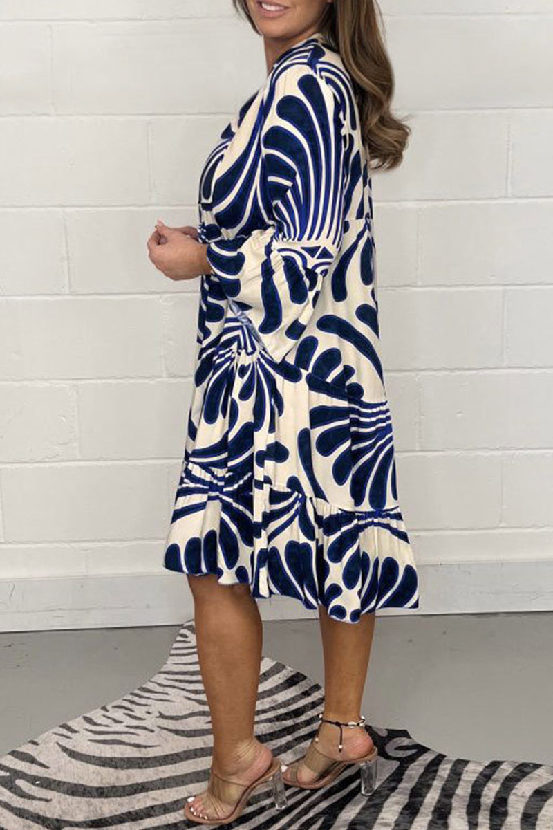 Abstract Floral Print Mandarin Collar Bell Sleeve Smock Tiered Midi Dress