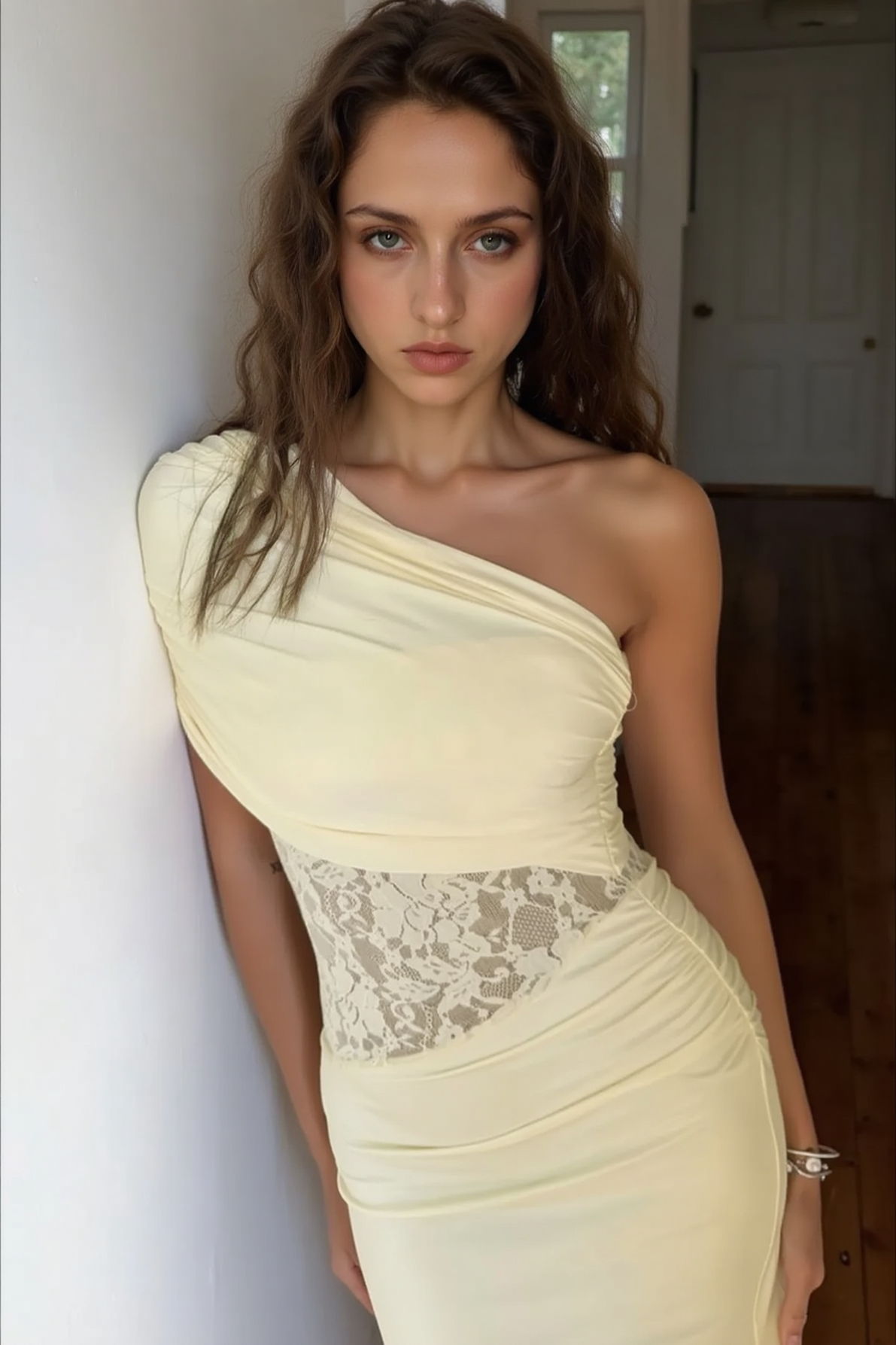 One Shoulder Ruched Waist Cinch Maxi Slim Bodycon Dress