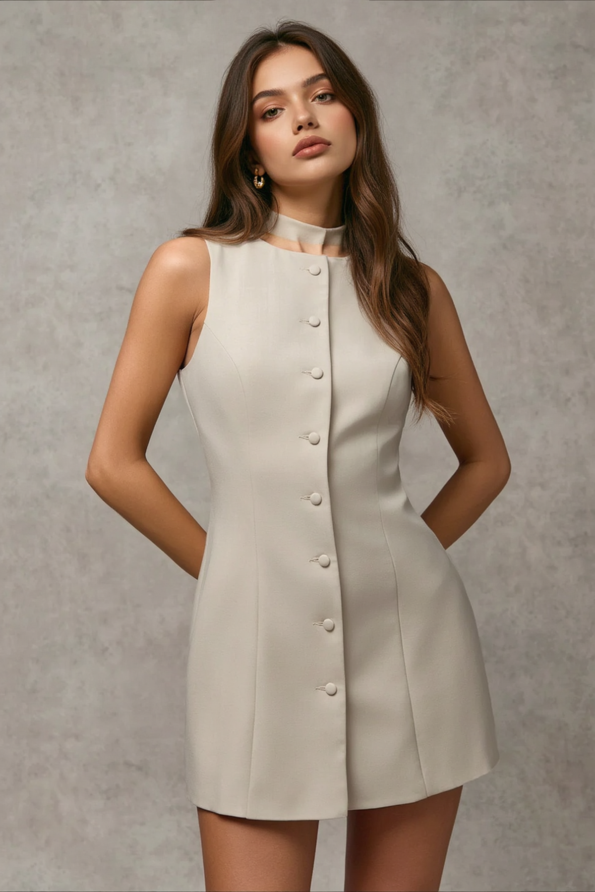 Solid Button Sleeveless Cinched Work Dress