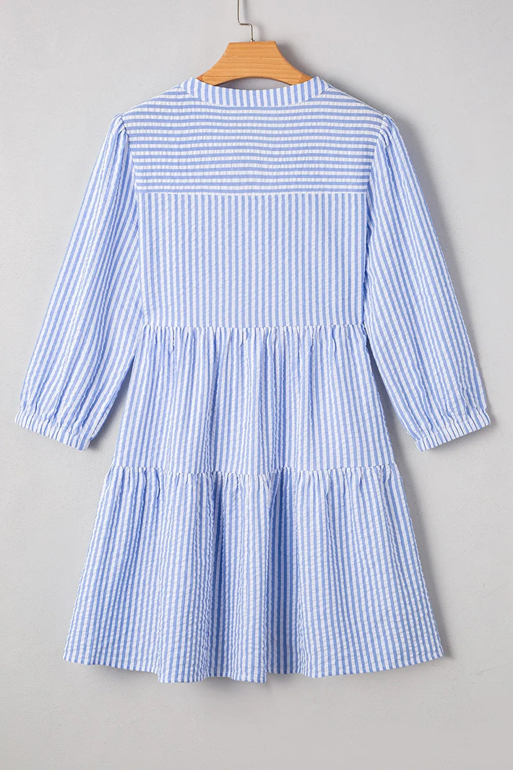 Striped Seersucker Notched Neck Balloon Sleeve Tiered Shift Dress with Pockets 7