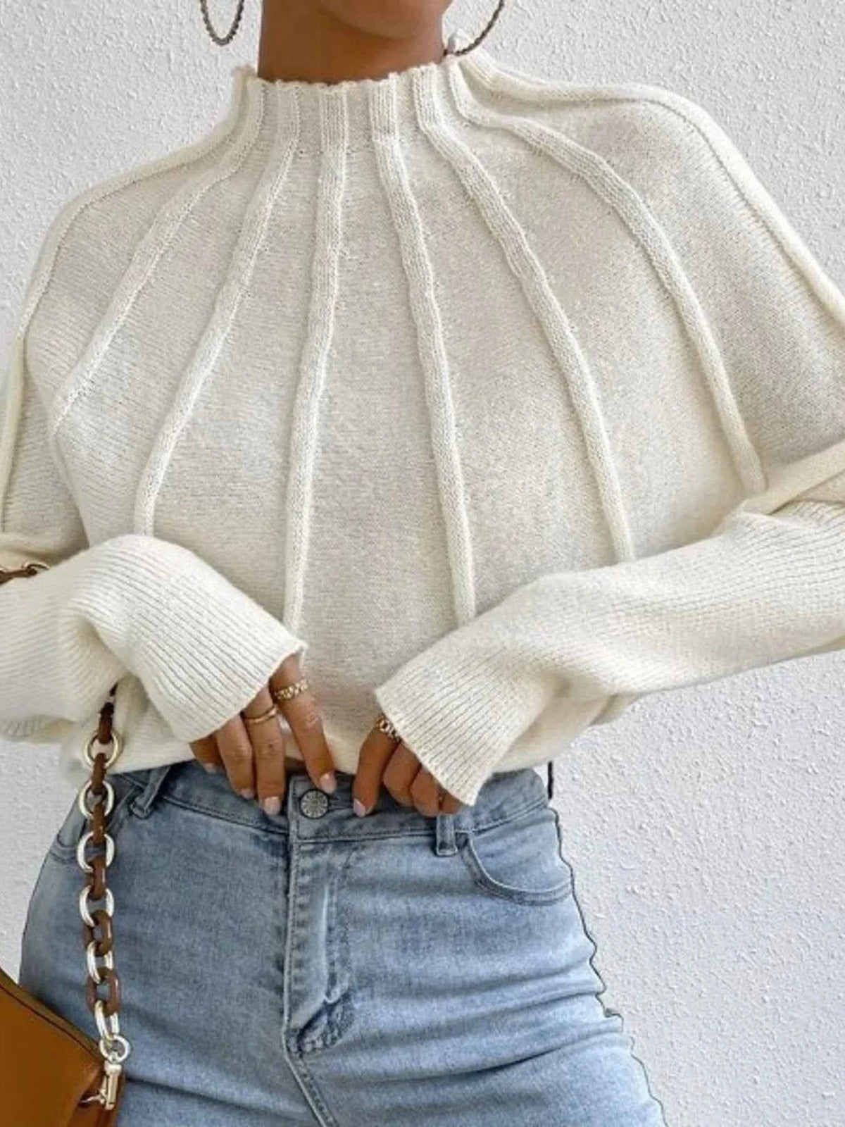 Mock Neck Batwing Long Sleeve Seam Detail Knit Sweater 3