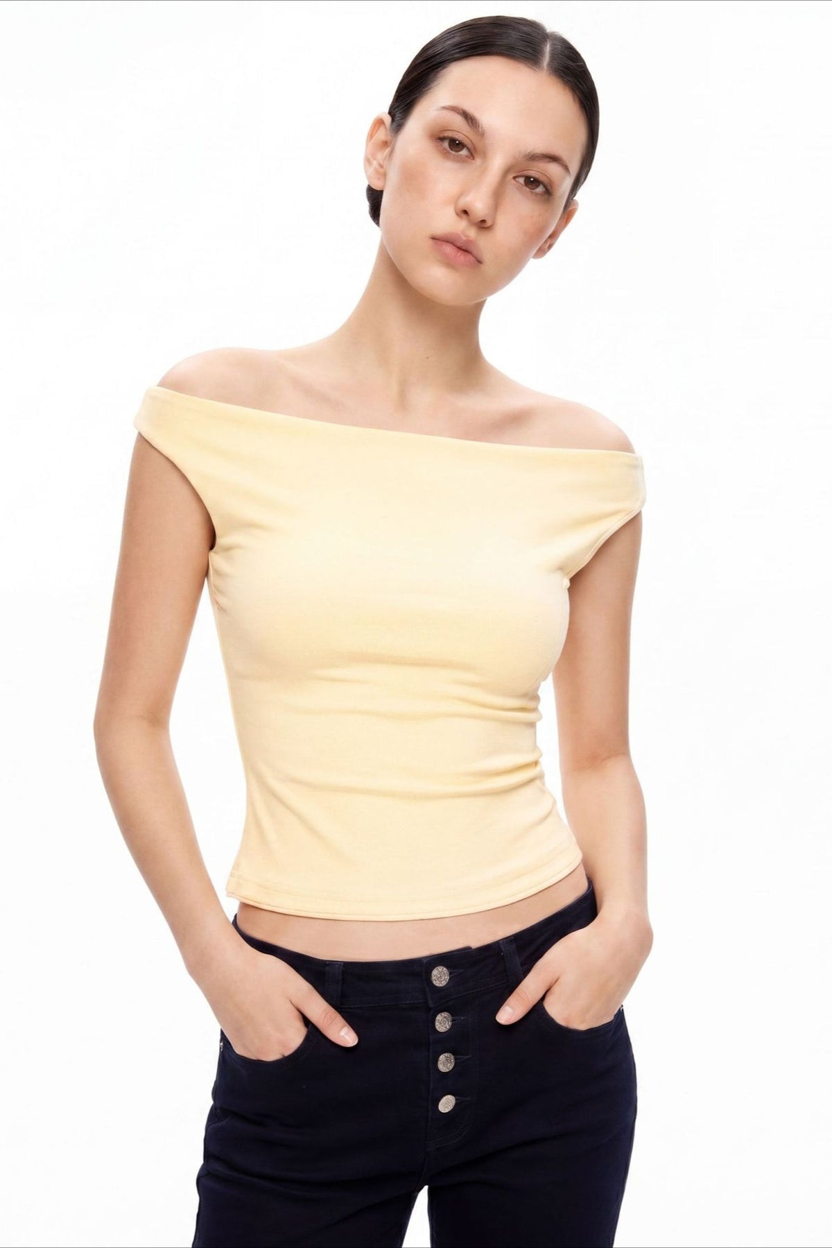 Off Shoulder Cap Sleeve Stretch Fitted Crop Top 3