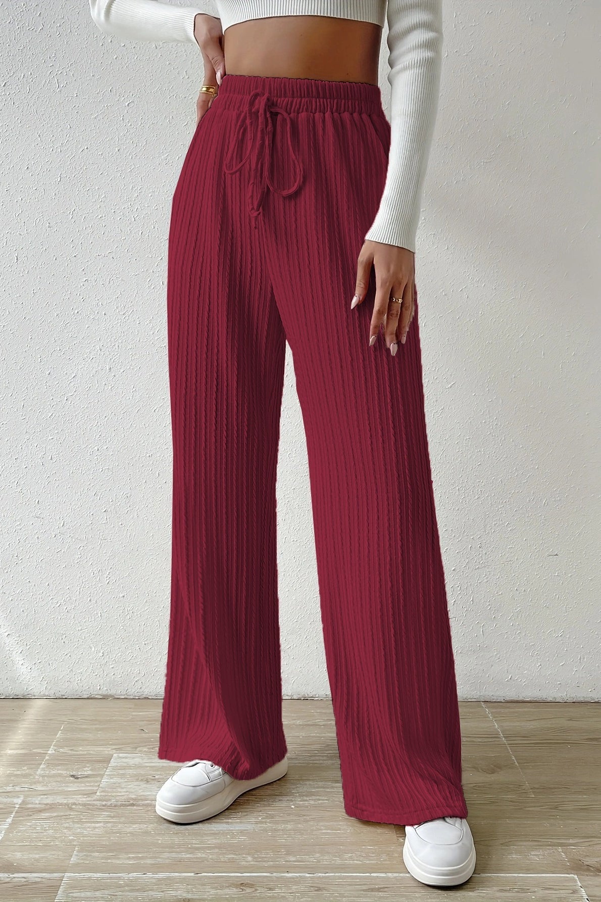 Elastic High Waist Drawstring Cable Textured Knit Wide Leg Pants 8