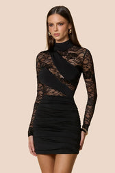 Sheer Lace Panel Mock Neck Sleeve Fit Lace Dress