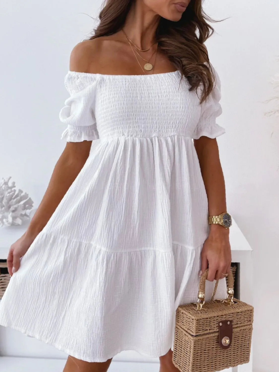 Textured Off Shoulder Smocked Puff Sleeve Tiered Midi Dress 3
