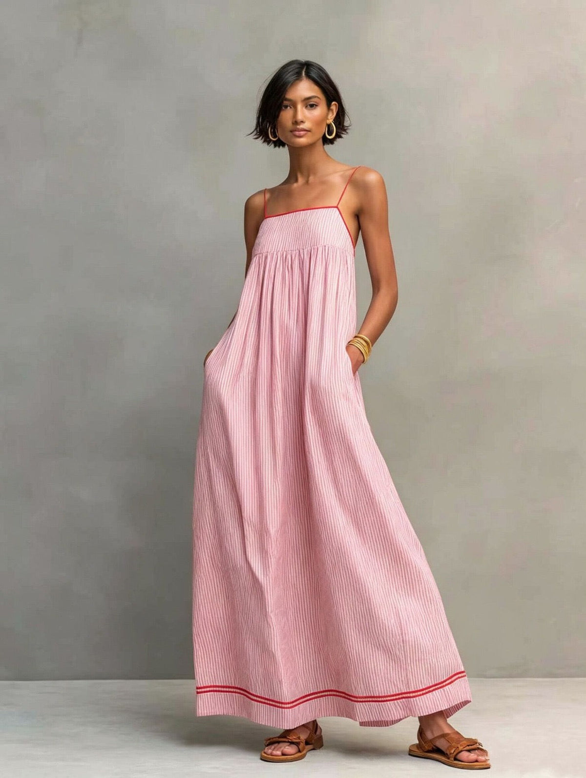 Pinstripe Square Neck Spaghetti Strap Contrast Trim Maxi Dress
