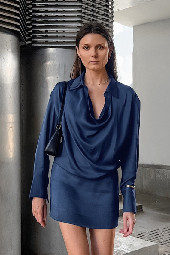 Blue Satin Asymmetric Mini Dress - View 2