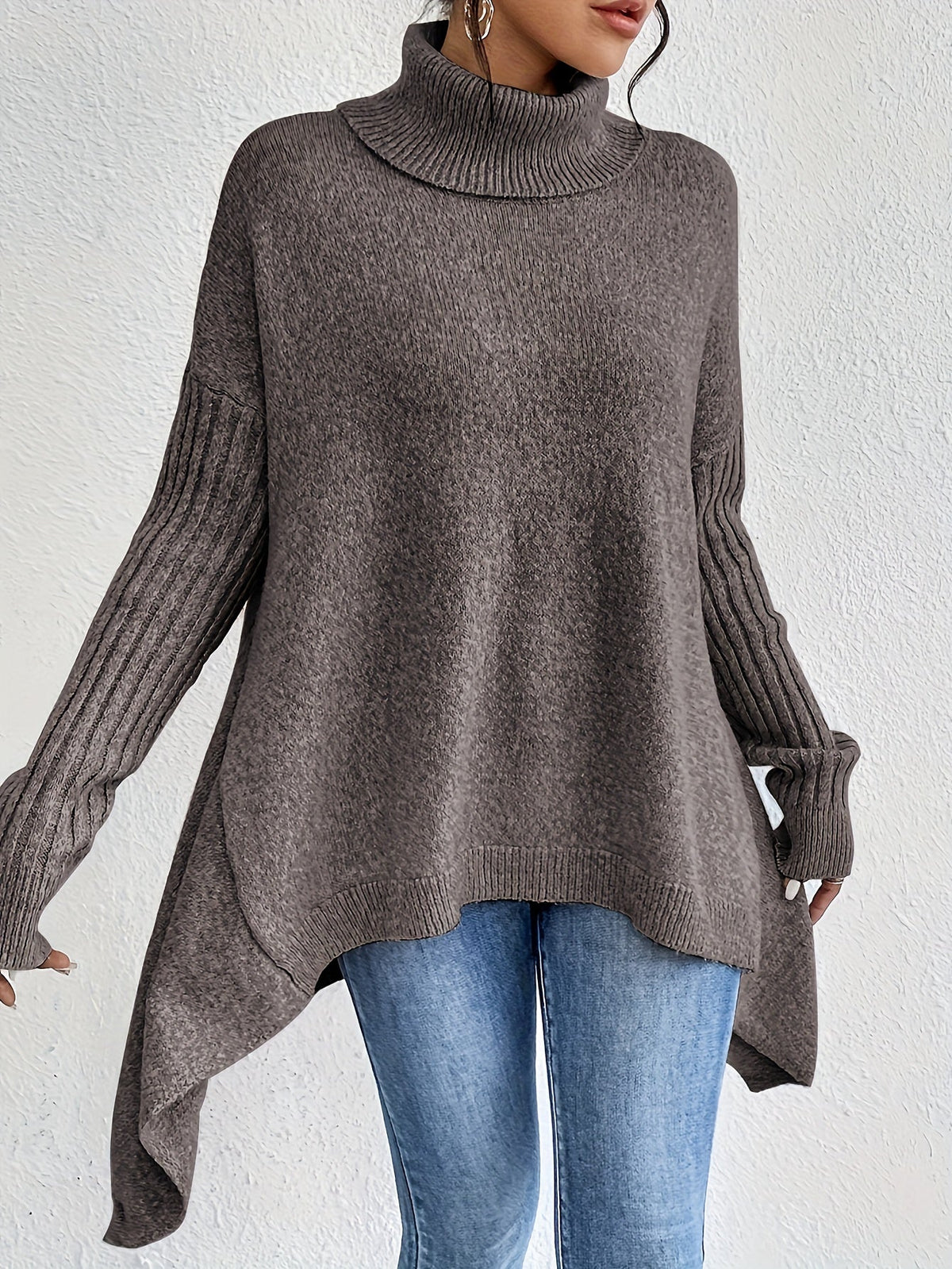 Turtleneck Oversized High Low Tunic Sweater