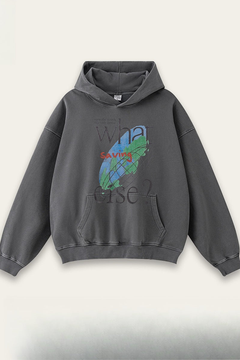 Washed Globe Graphic Letter Print Kangaroo Pocket Pullover Hoodie