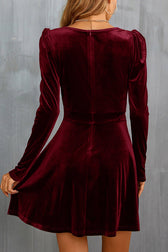 Solid Velvet V-neck Long-sleeved Waist Mini Dress - View 7