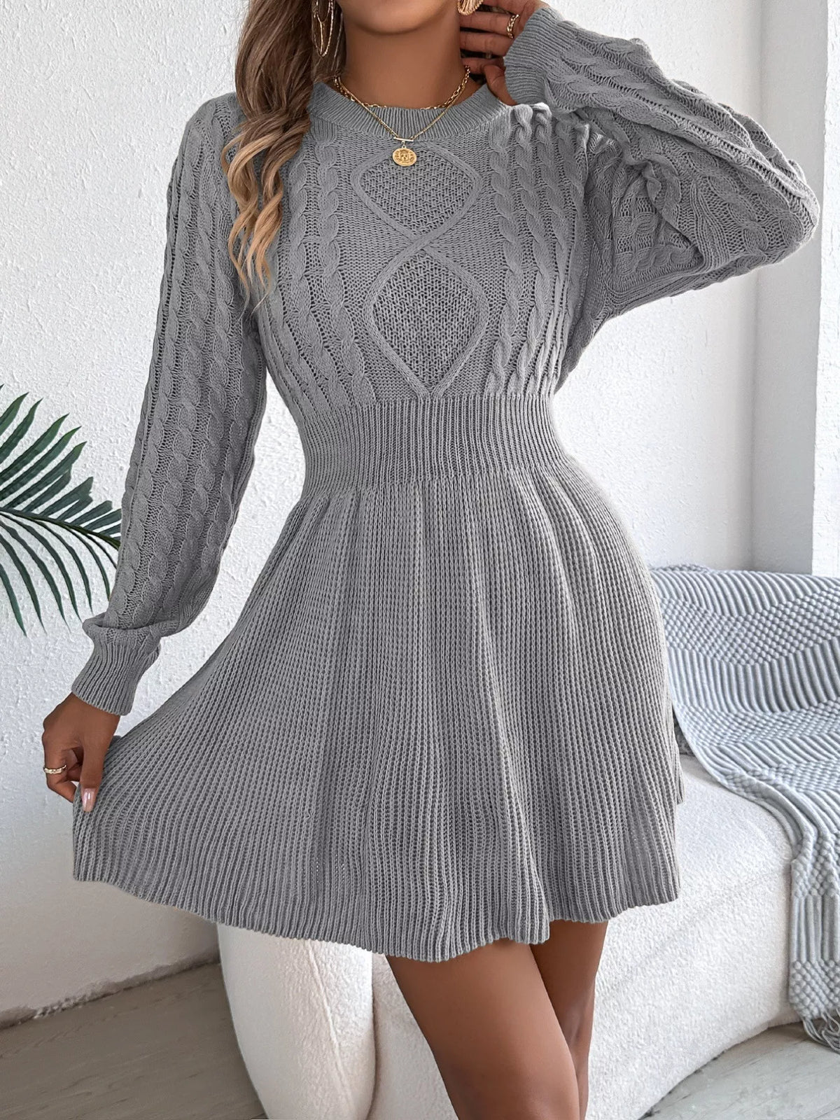 Cable Knit Crew Neck Long Sleeve Fit and Flare Sweater Mini Dress 16