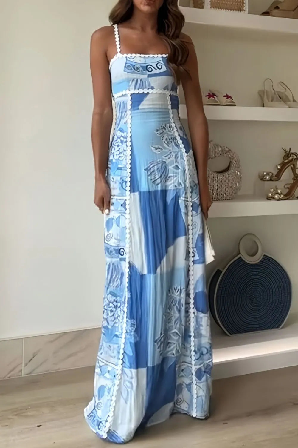 Patchwork Print Square Neck Ric Rac Trim Cut Out Back Maxi Dress