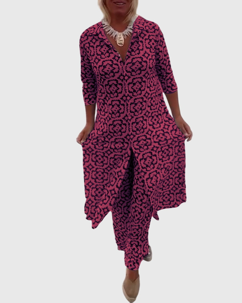 Geometric Print Tunic Top and Pants Two Piece Set