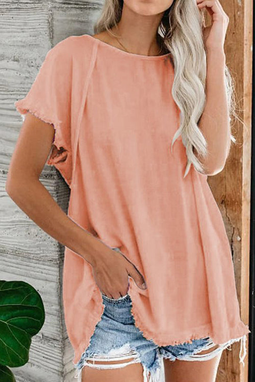 Raw Edge O Neck Short Sleeve T Shirt