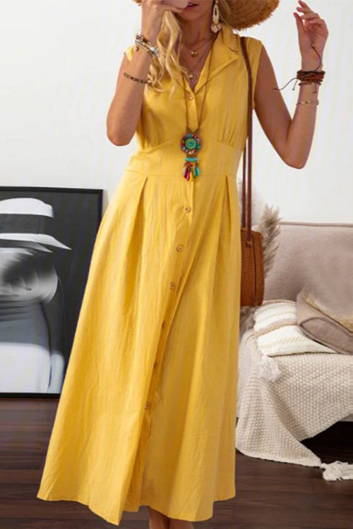 V-Neck Lapel Collar Sleeveless Button Front Pleated Waist A-Line Midi Dress
