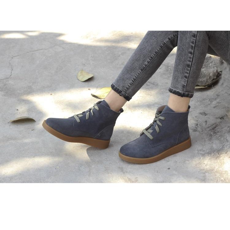 Nubuck Leather Boots Fur Lining Casual Ankle Boots Light Apricot/Dark Blue