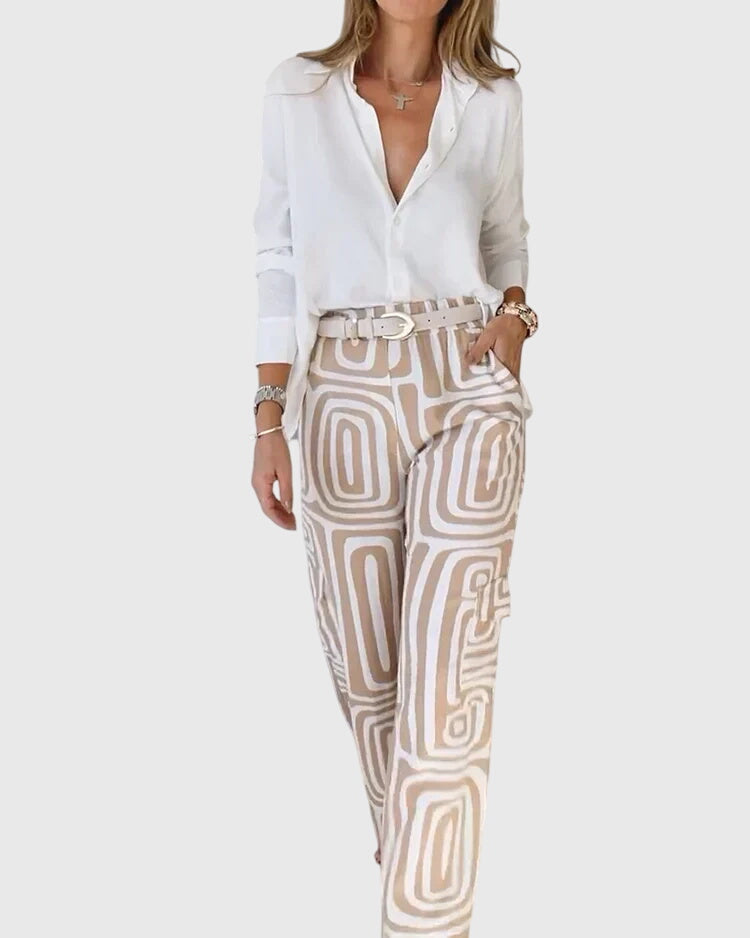 Long Sleeve Shirt and Geometric Print Wide Leg Pants Two Piece Set