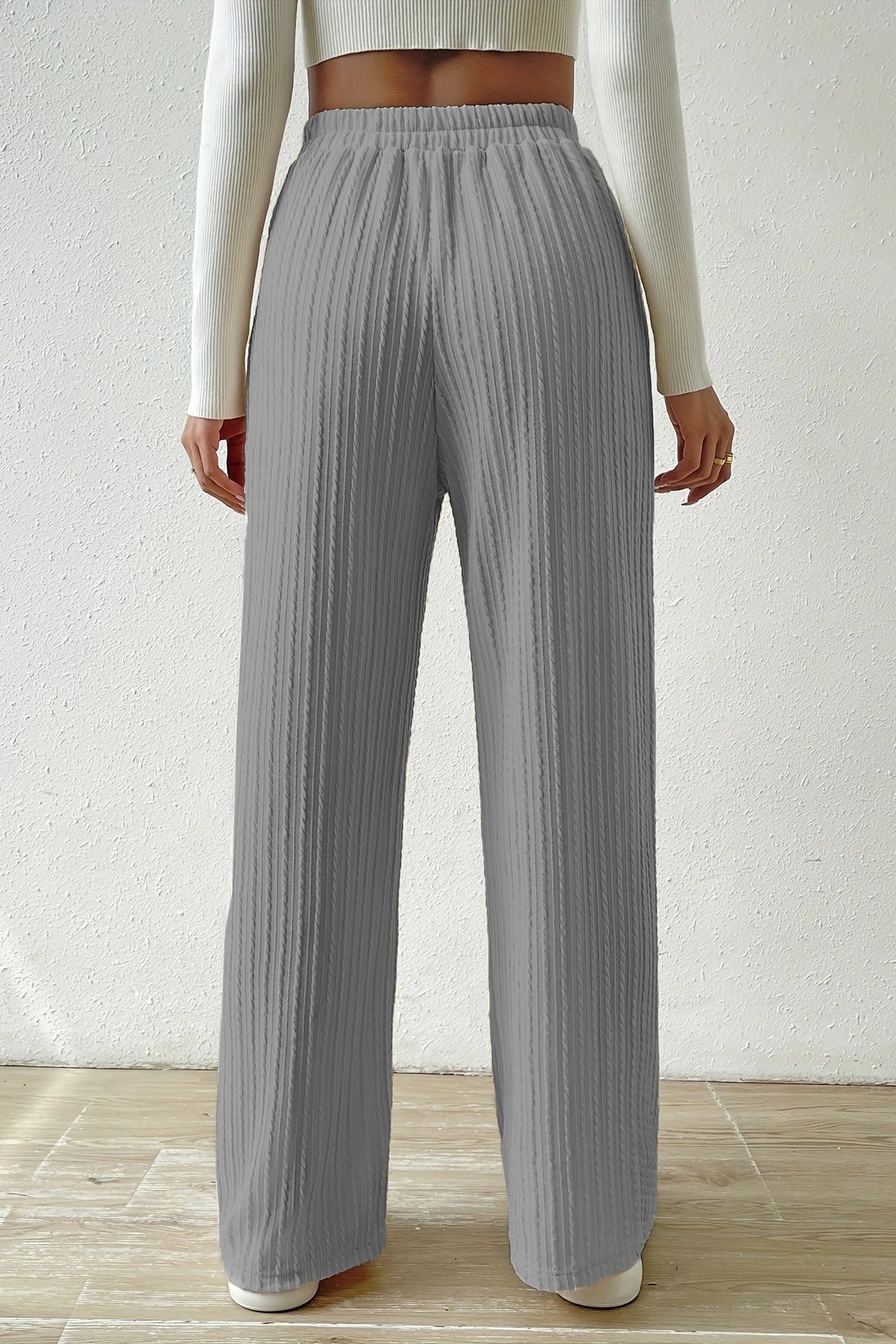 Elastic High Waist Drawstring Cable Textured Knit Wide Leg Pants 9