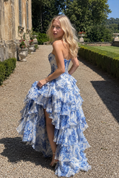 Strapless Floral Print Ruched Elegant Slim Prom Dress