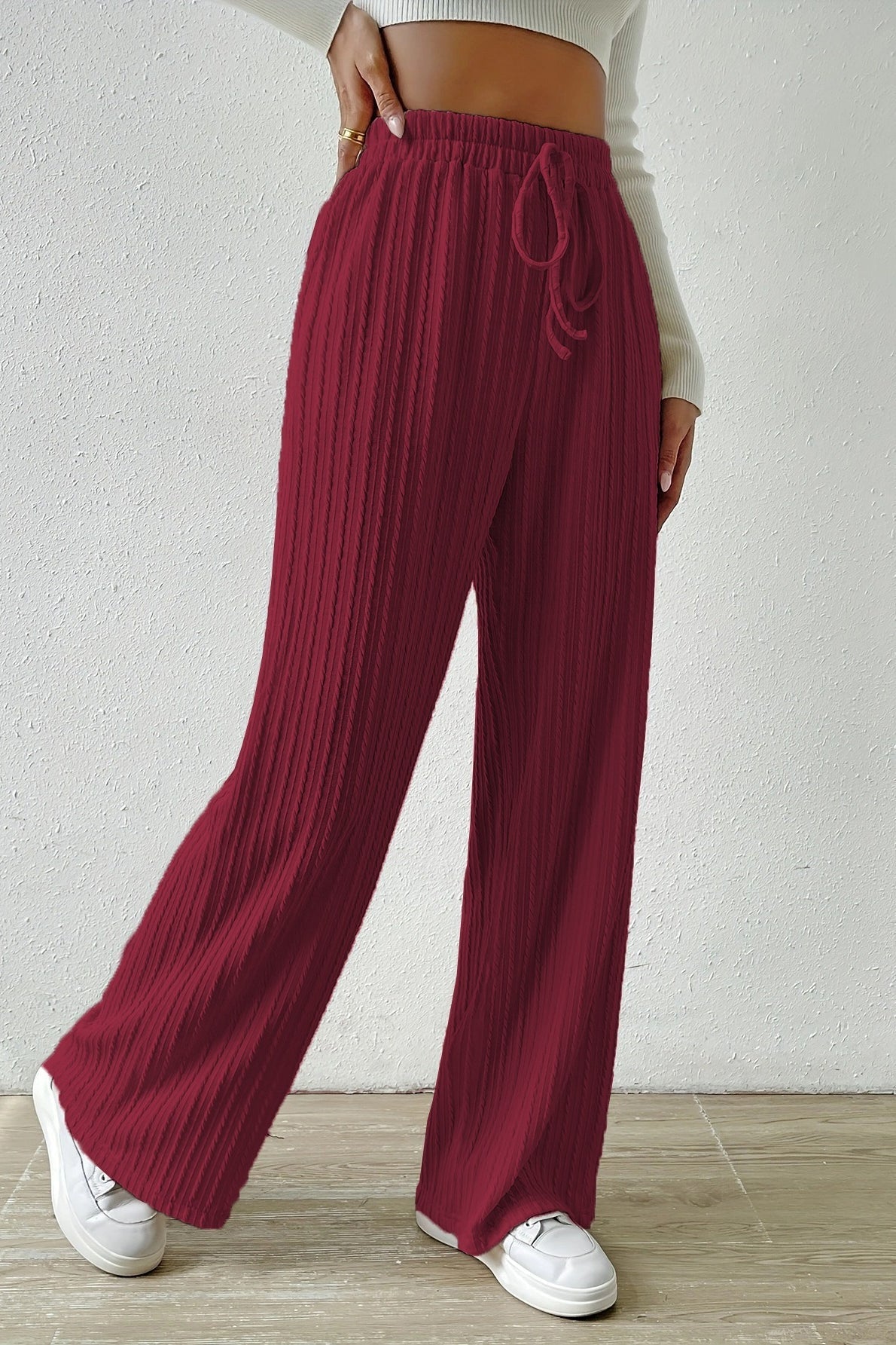Elastic High Waist Drawstring Cable Textured Knit Wide Leg Pants 7