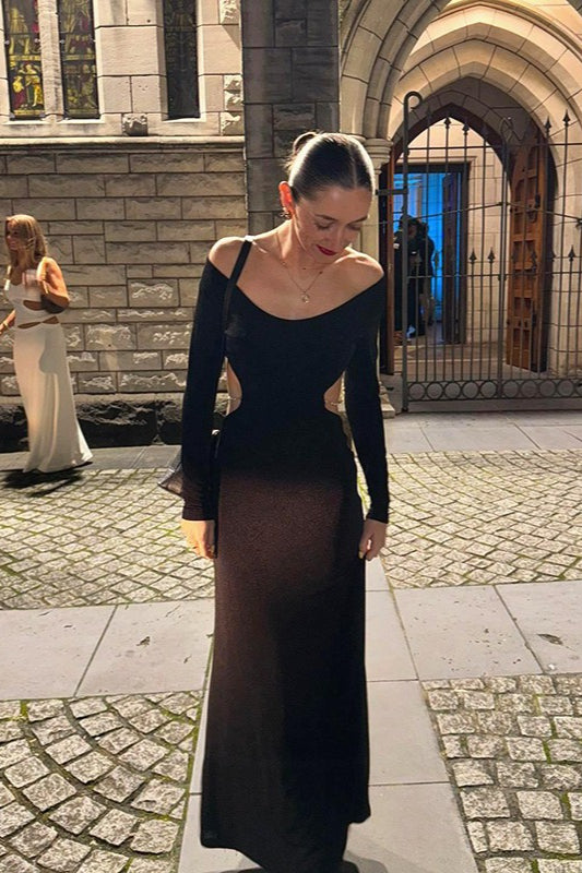 Knit Scoop Neck Long Sleeve Waist Cut Out Chain Link Maxi Party Dress